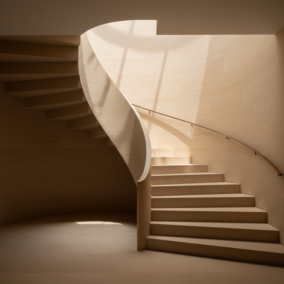 Sculptural spiral staircase in warm sand-toned plaster, washed in natural light
