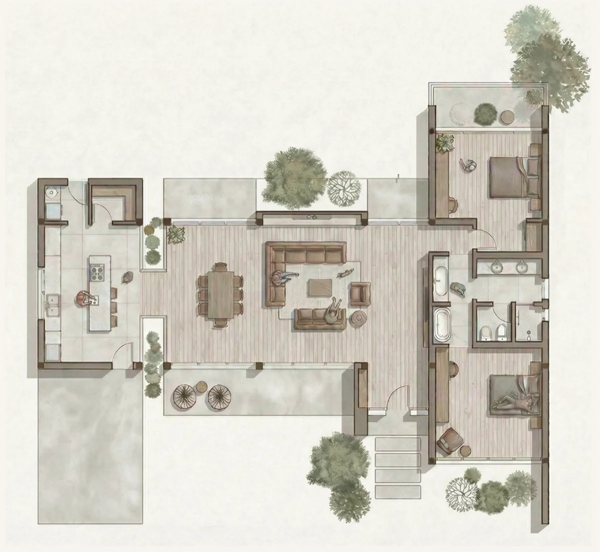 Illustrated residential floor plan with furniture layout