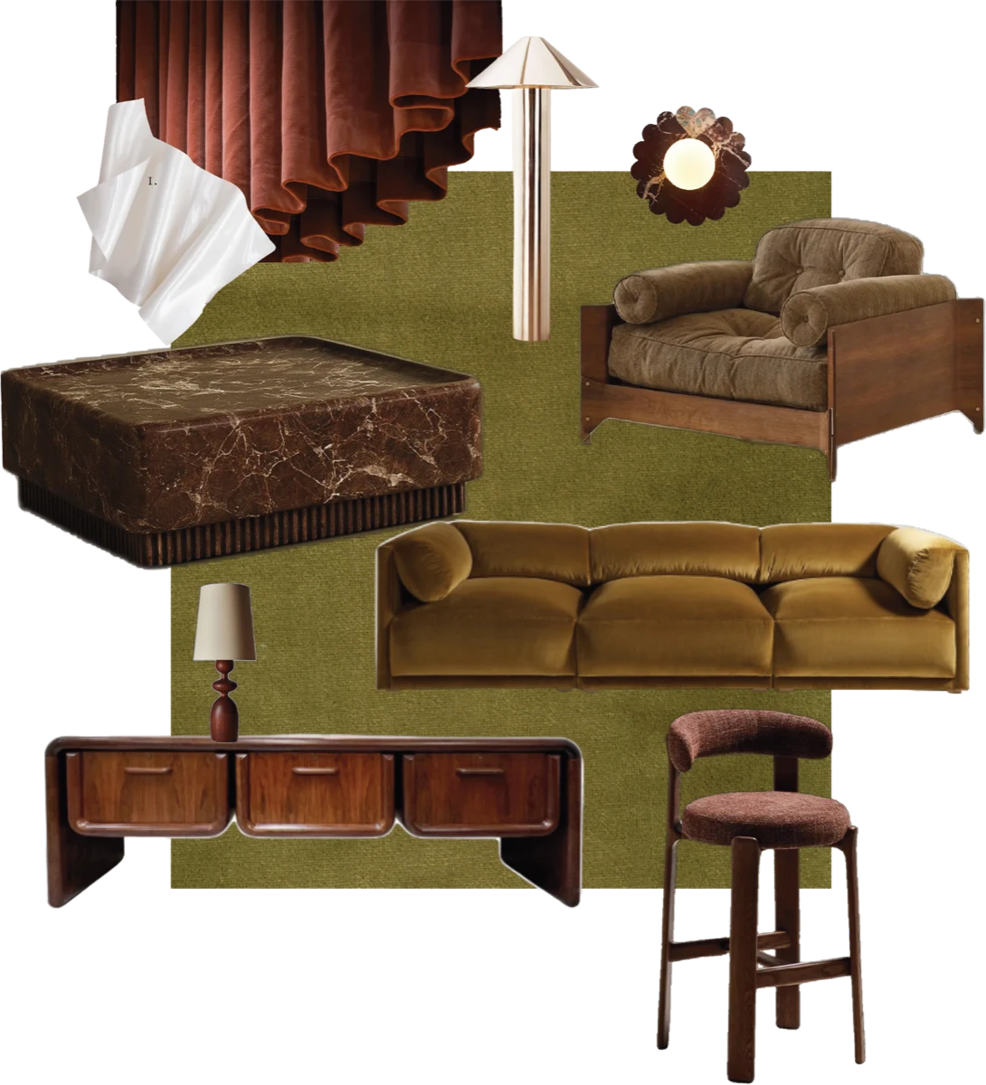 Collage of curated furniture — velvet sofa, marble table, sculptural lighting