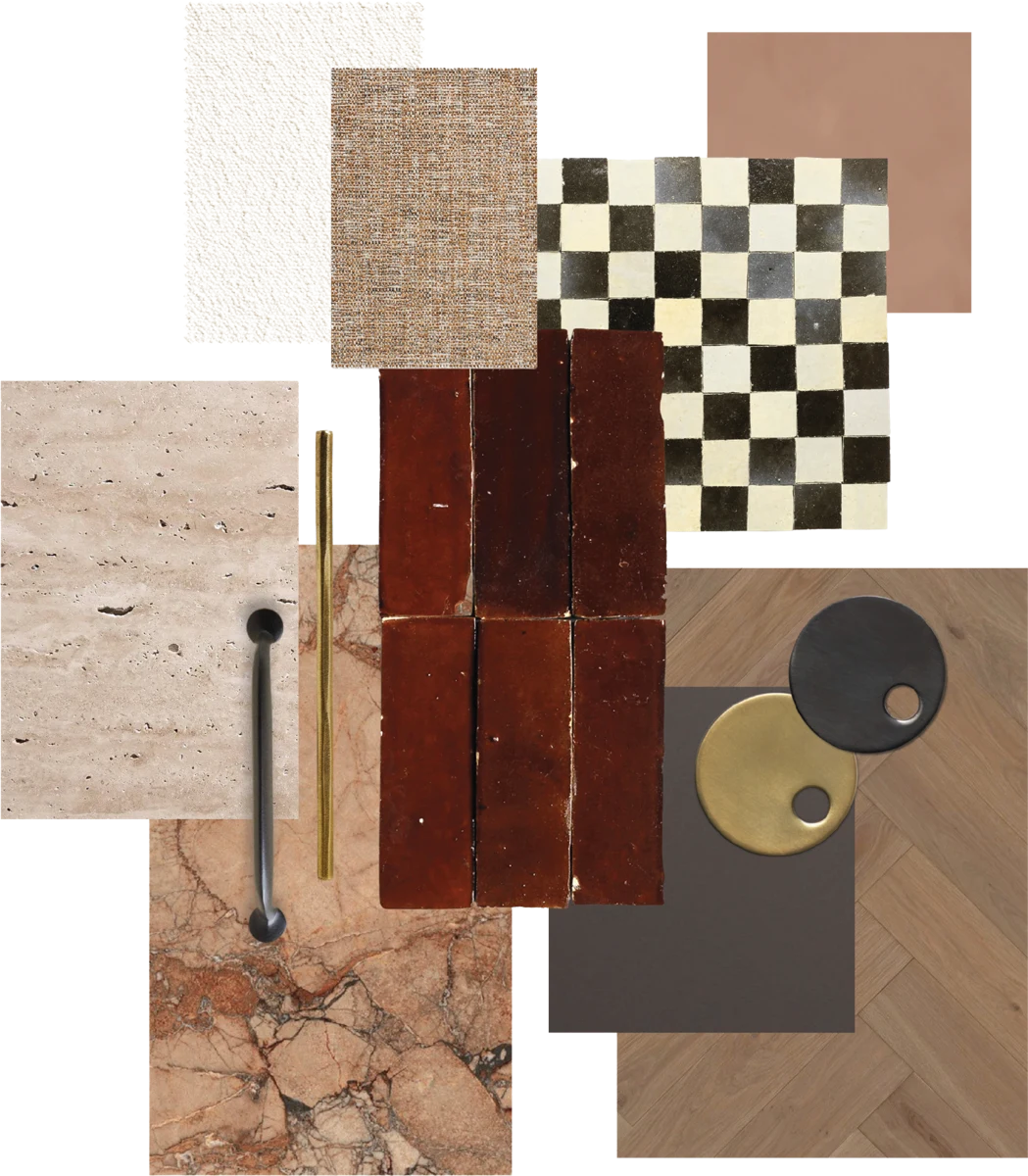 Collage of material samples — travertine, checkered tile, glazed brick, herringbone wood